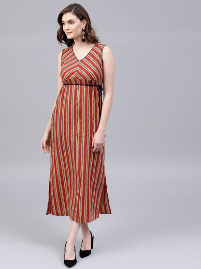 Women's  Rust Red & Beige Striped Empire Dress