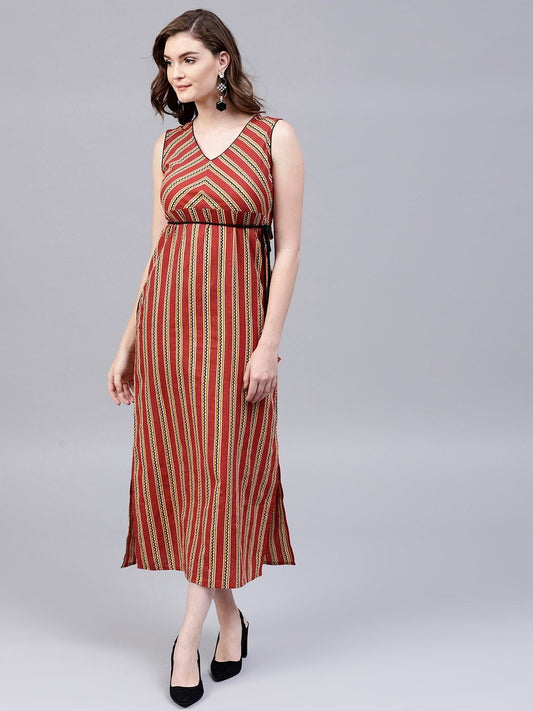 Women's  Rust Red & Beige Striped Empire Dress
