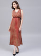Women's  Rust Red & Beige Striped Empire Dress