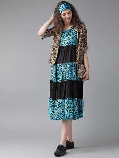 Women's  Blue & Black Animal Printed Fit & Flare Dress