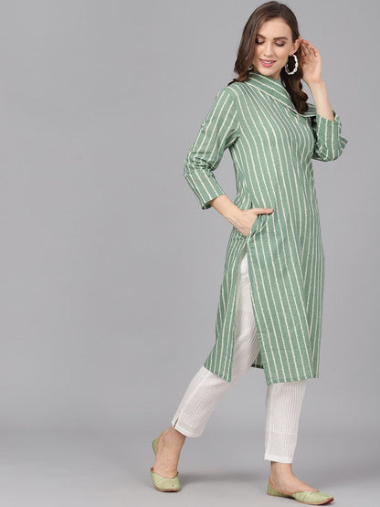 Women's  Green & Off-White Striped Straight Kurta