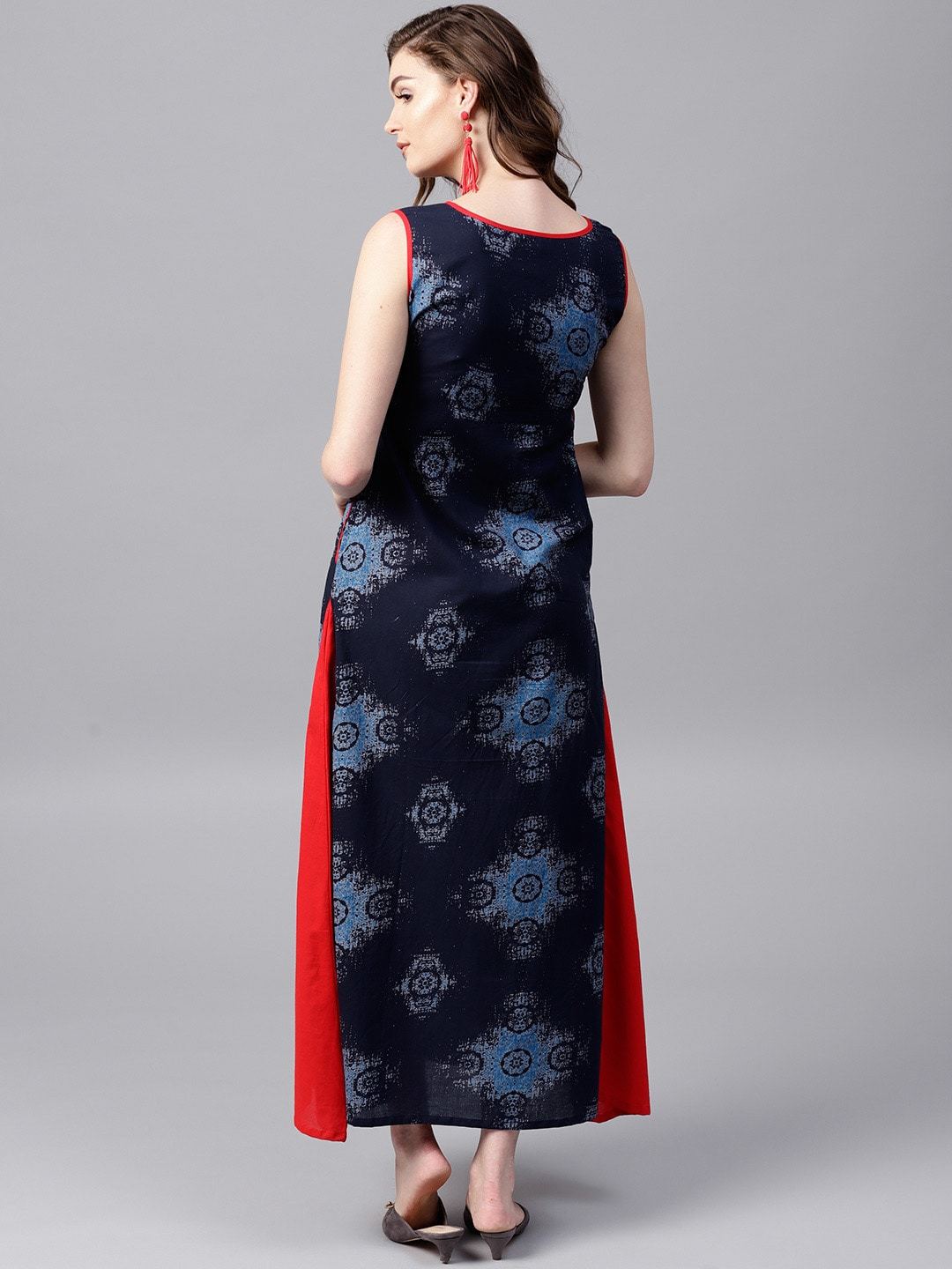 Women's  Navy Blue & Red Printed Maxi Dress