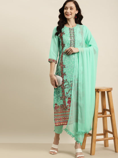 Women's Georgette Embroidered Straight Kurta Pant Dupatta Set