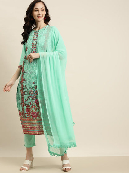 Women's Georgette Embroidered Straight Kurta Pant Dupatta Set