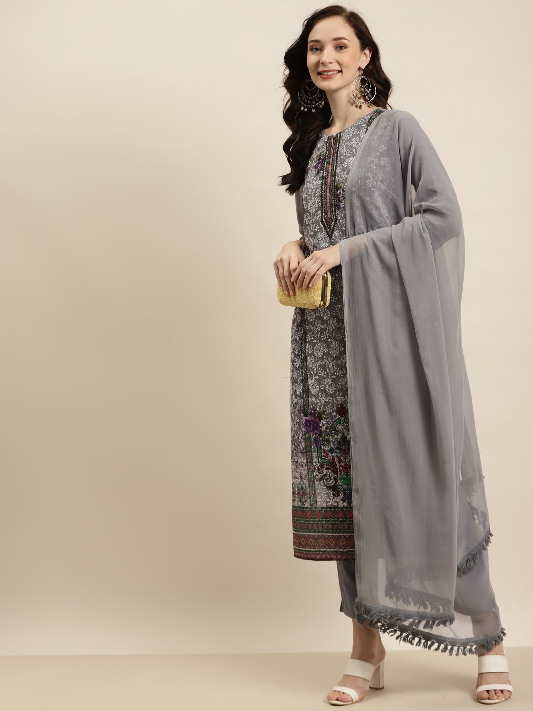Women's Georgette Embroidered Straight Kurta Pant Dupatta Set