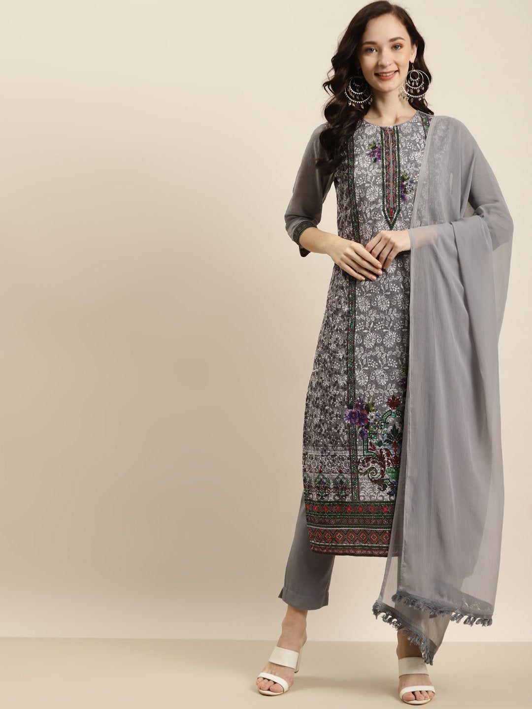 Women's Georgette Embroidered Straight Kurta Pant Dupatta Set