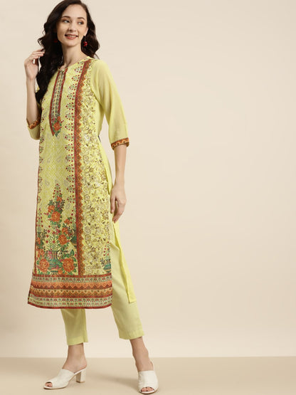 Women's Georgette Embroidered Straight Kurta Pant Dupatta Set