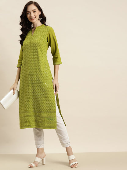 Women's Sagegreen Rayon Embroidered Straight Kurta