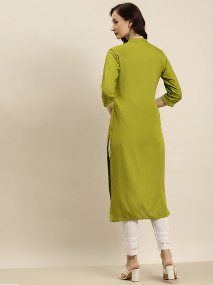 Women's Sagegreen Rayon Embroidered Straight Kurta