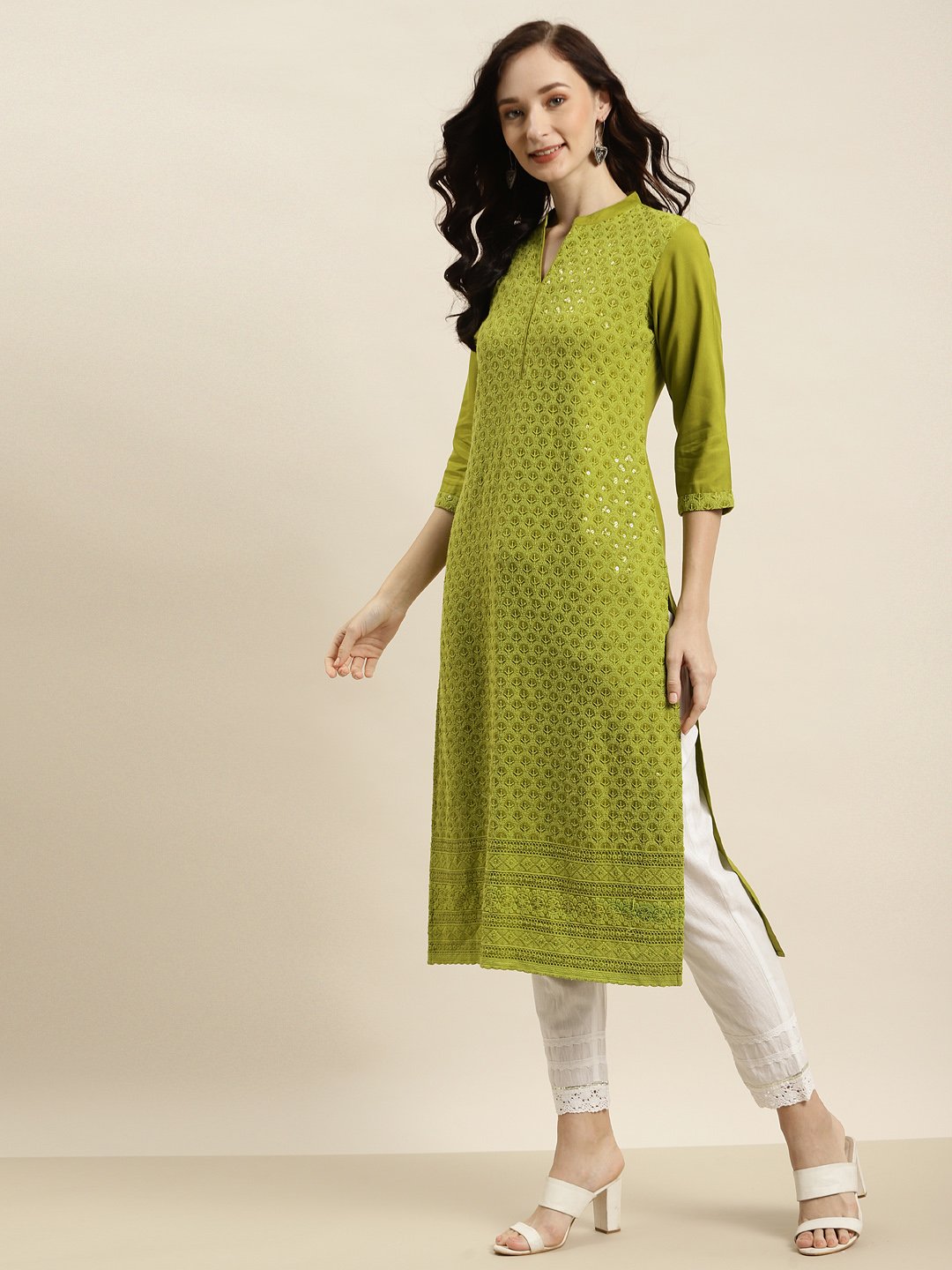Women's Sagegreen Rayon Embroidered Straight Kurta
