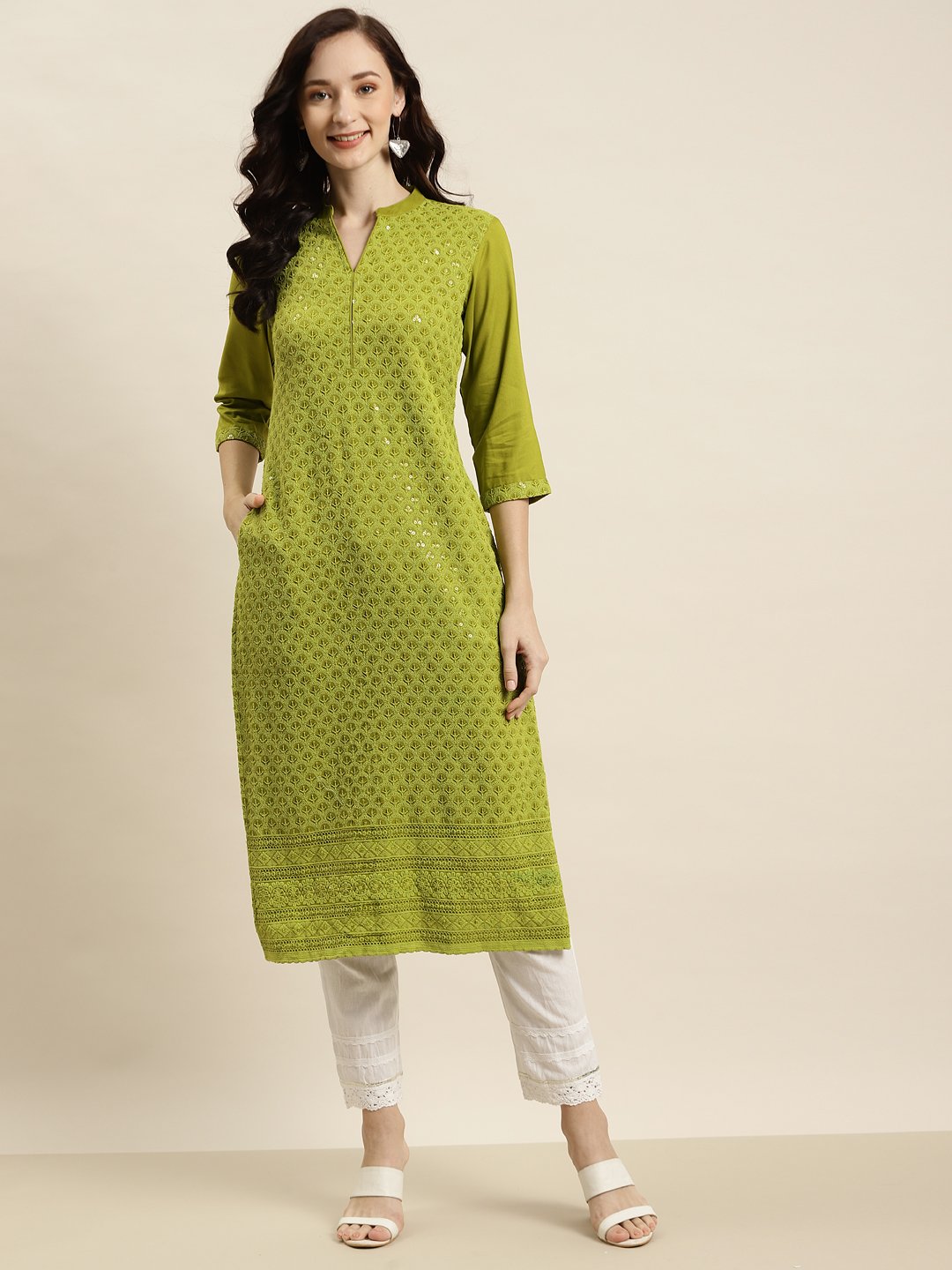 Women's Sagegreen Rayon Embroidered Straight Kurta