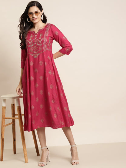 Women's Fuschia Rayon Embroidery A-Line Dres