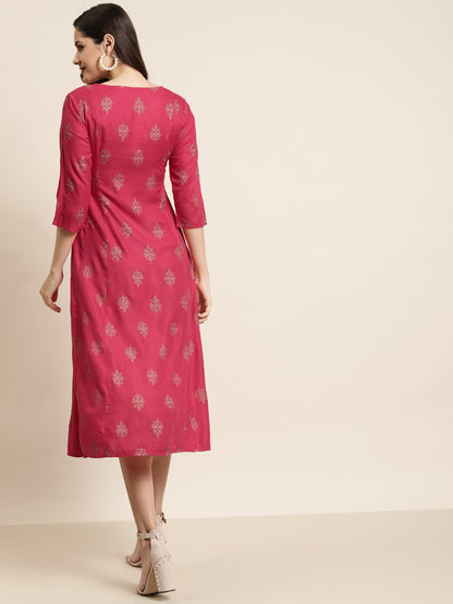 Women's Fuschia Rayon Embroidery A-Line Dres