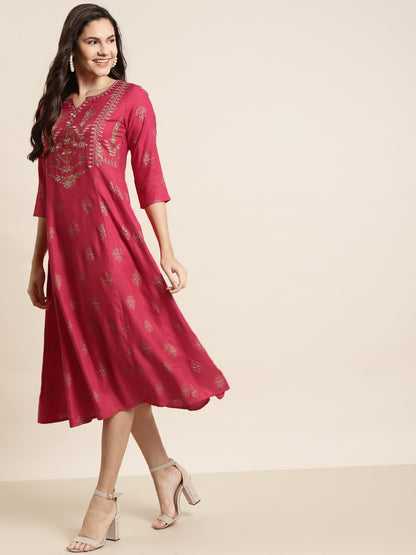 Women's Fuschia Rayon Embroidery A-Line Dres