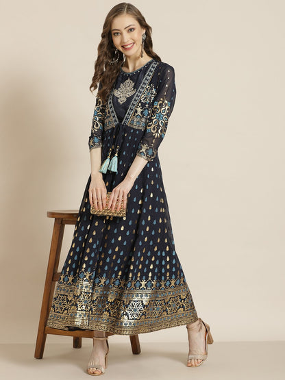 Women's Navyblue Georgette Jacket Style 2 Pc Dress