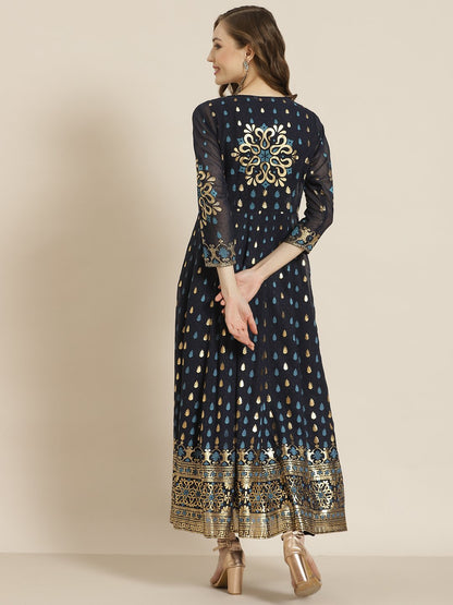 Women's Navyblue Georgette Jacket Style 2 Pc Dress