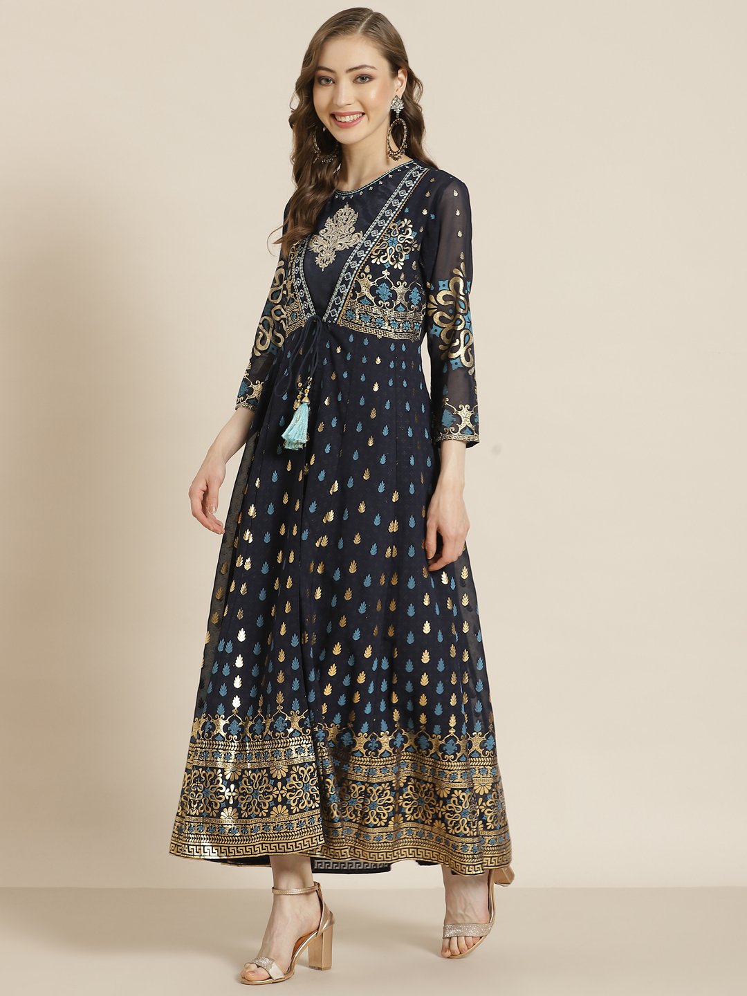 Women's Navyblue Georgette Jacket Style 2 Pc Dress