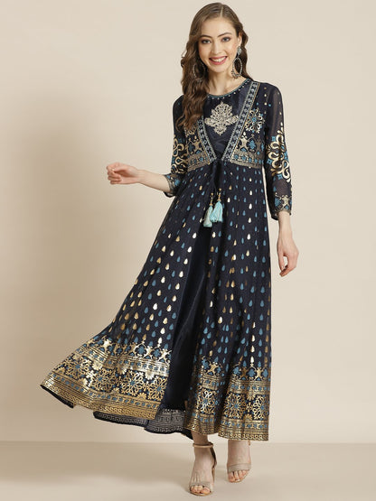 Women's Navyblue Georgette Jacket Style 2 Pc Dress