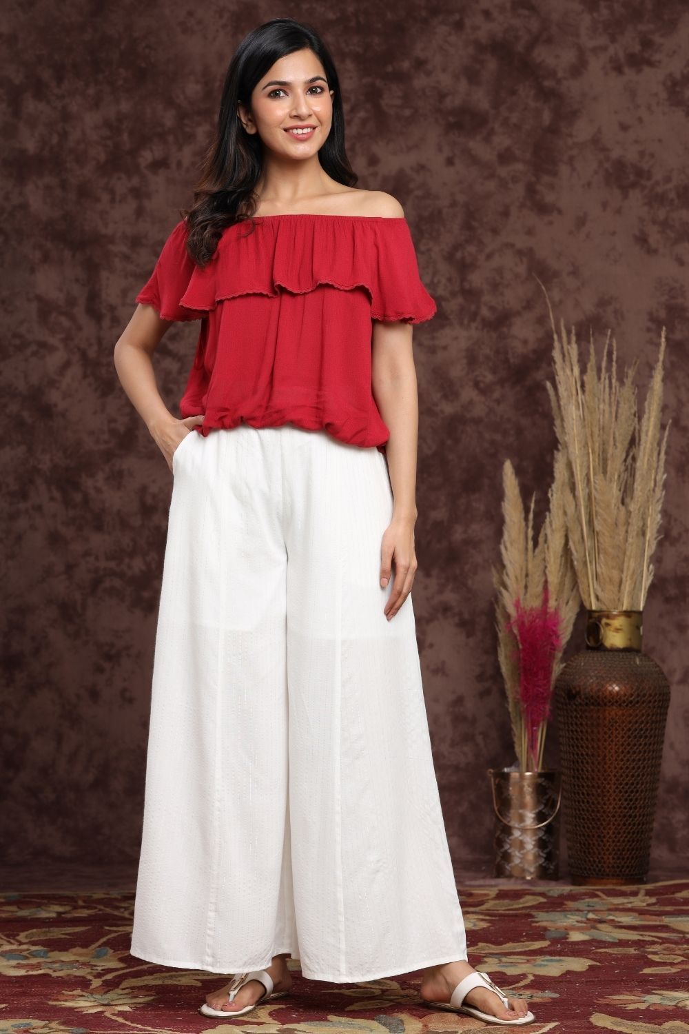 Women's White Rayon Lurex Striped Flared Palazzo