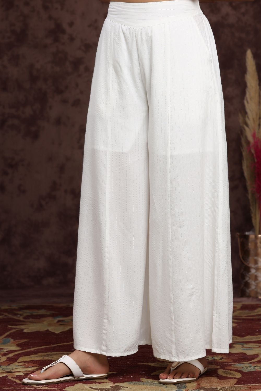Women's White Rayon Lurex Striped Flared Palazzo