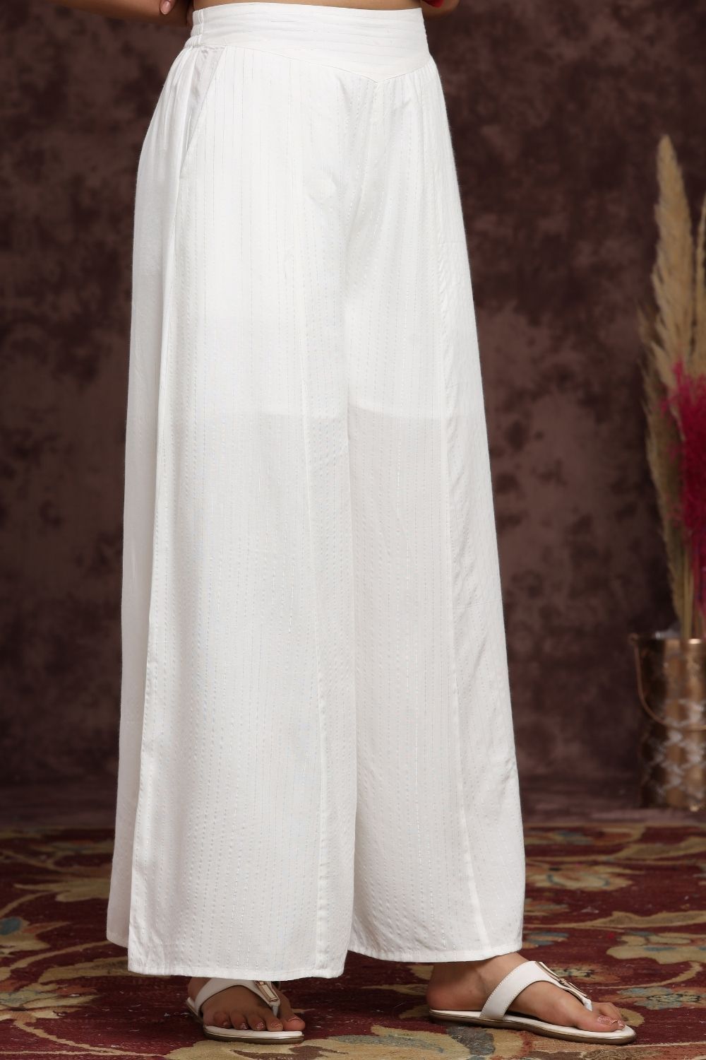 Women's White Rayon Lurex Striped Flared Palazzo