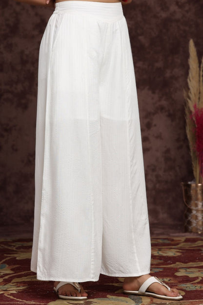Women's White Rayon Lurex Striped Flared Palazzo