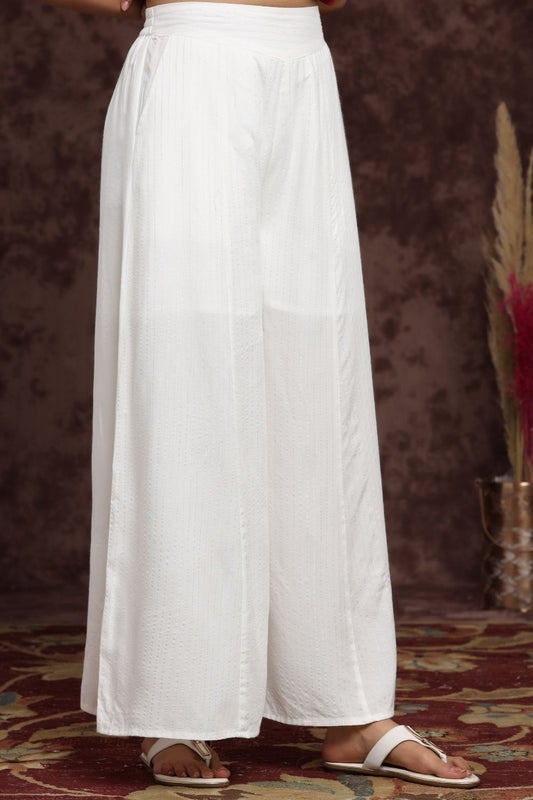 Women's White Rayon Lurex Striped Flared Palazzo