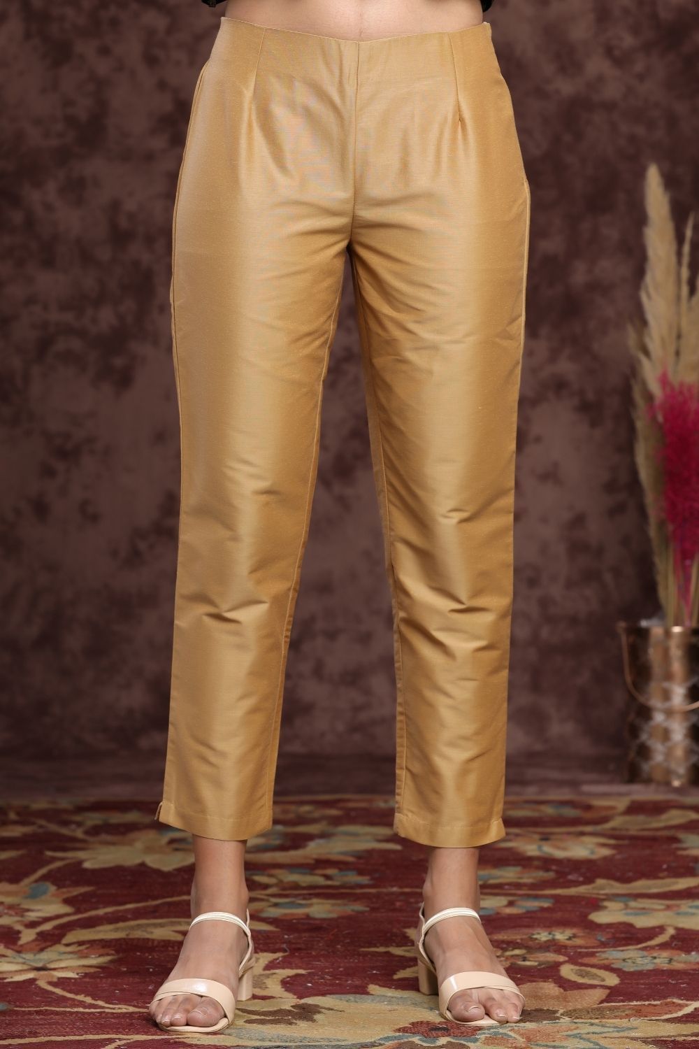 Women's Gold Poly Silk Solid Straight Pants