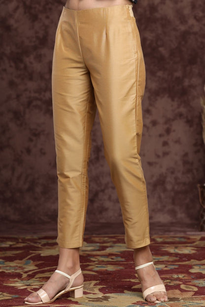 Women's Gold Poly Silk Solid Straight Pants