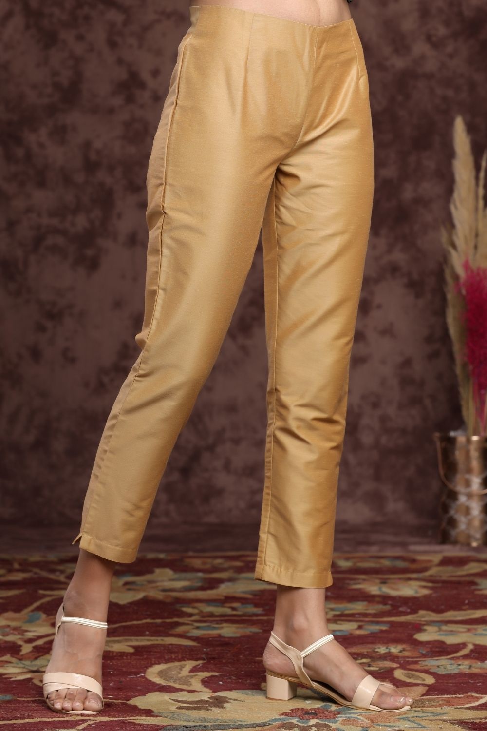 Women's Gold Poly Silk Solid Straight Pants