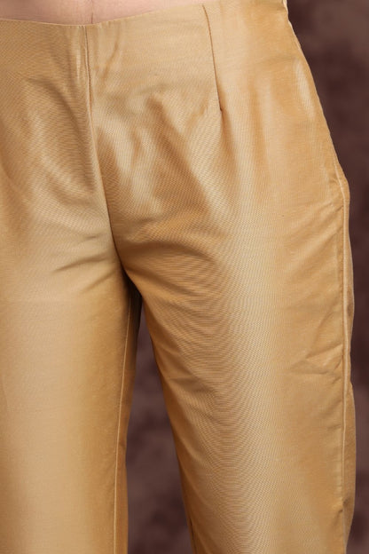 Women's Gold Poly Silk Solid Straight Pants