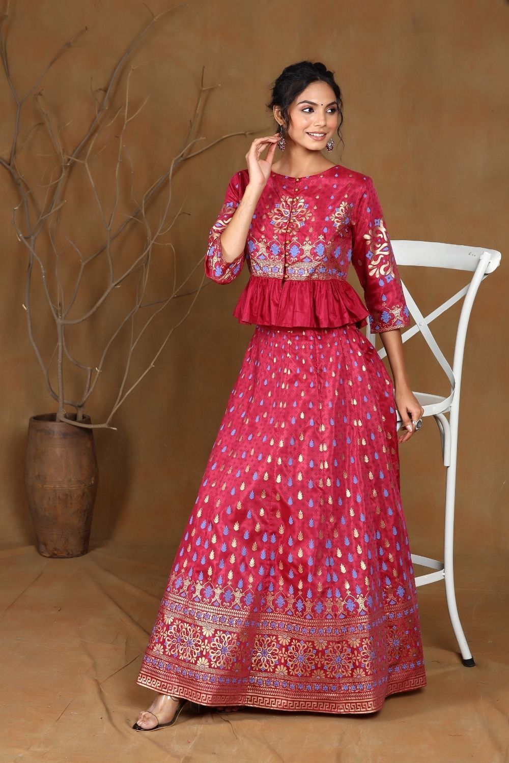 Women's Burgundy Shantoon Printed Lehenga Choli Set