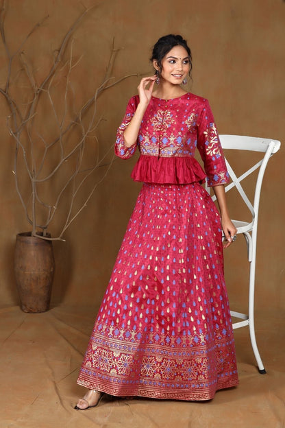 Women's Burgundy Shantoon Printed Lehenga Choli Set