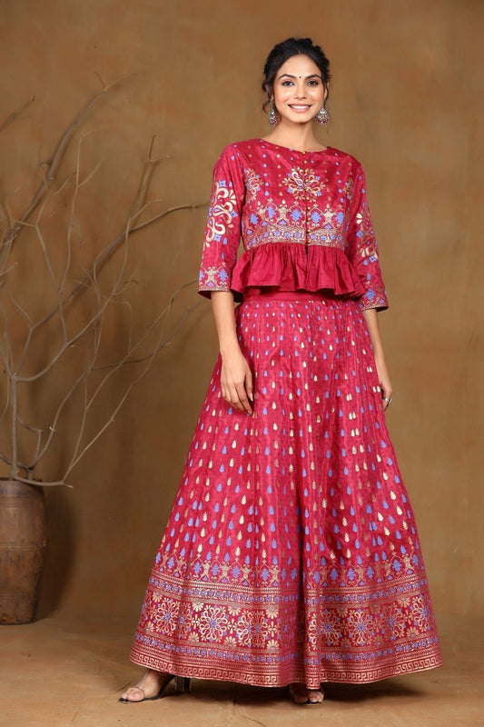 Women's Burgundy Shantoon Printed Lehenga Choli Set