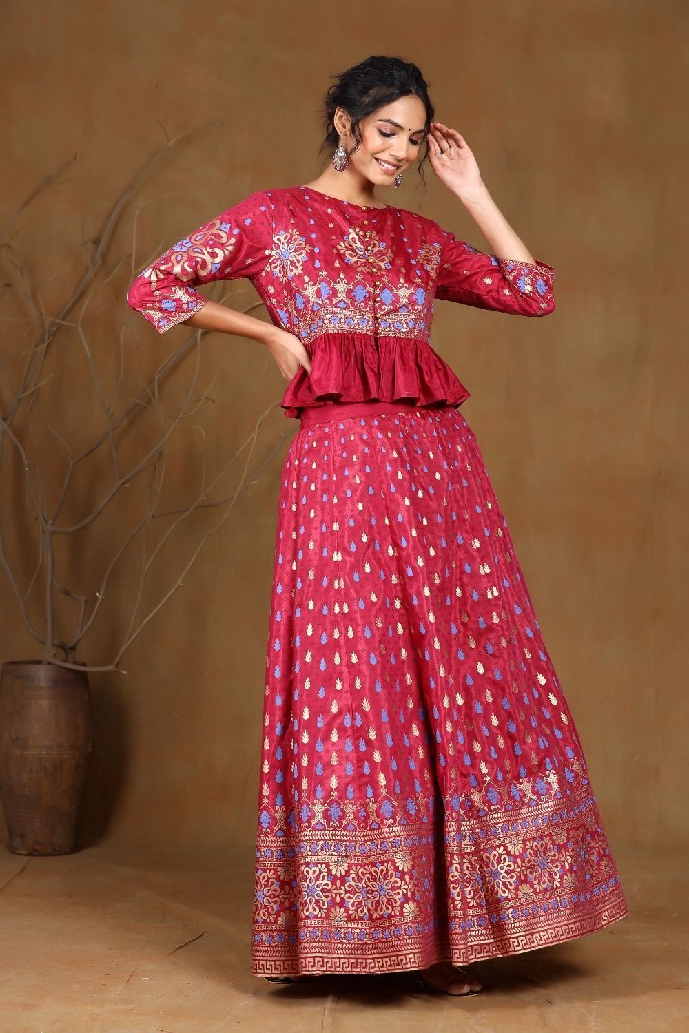 Women's Burgundy Shantoon Printed Lehenga Choli Set