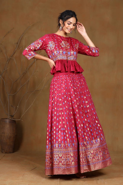 Women's Burgundy Shantoon Printed Lehenga Choli Set