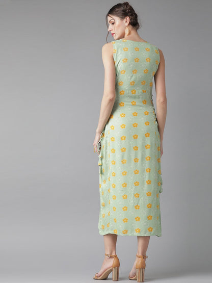 Women's  Green & Mustard Yellow Printed A-Line Dress