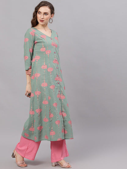 Women's  Green & Pink Printed A-Line Kurta