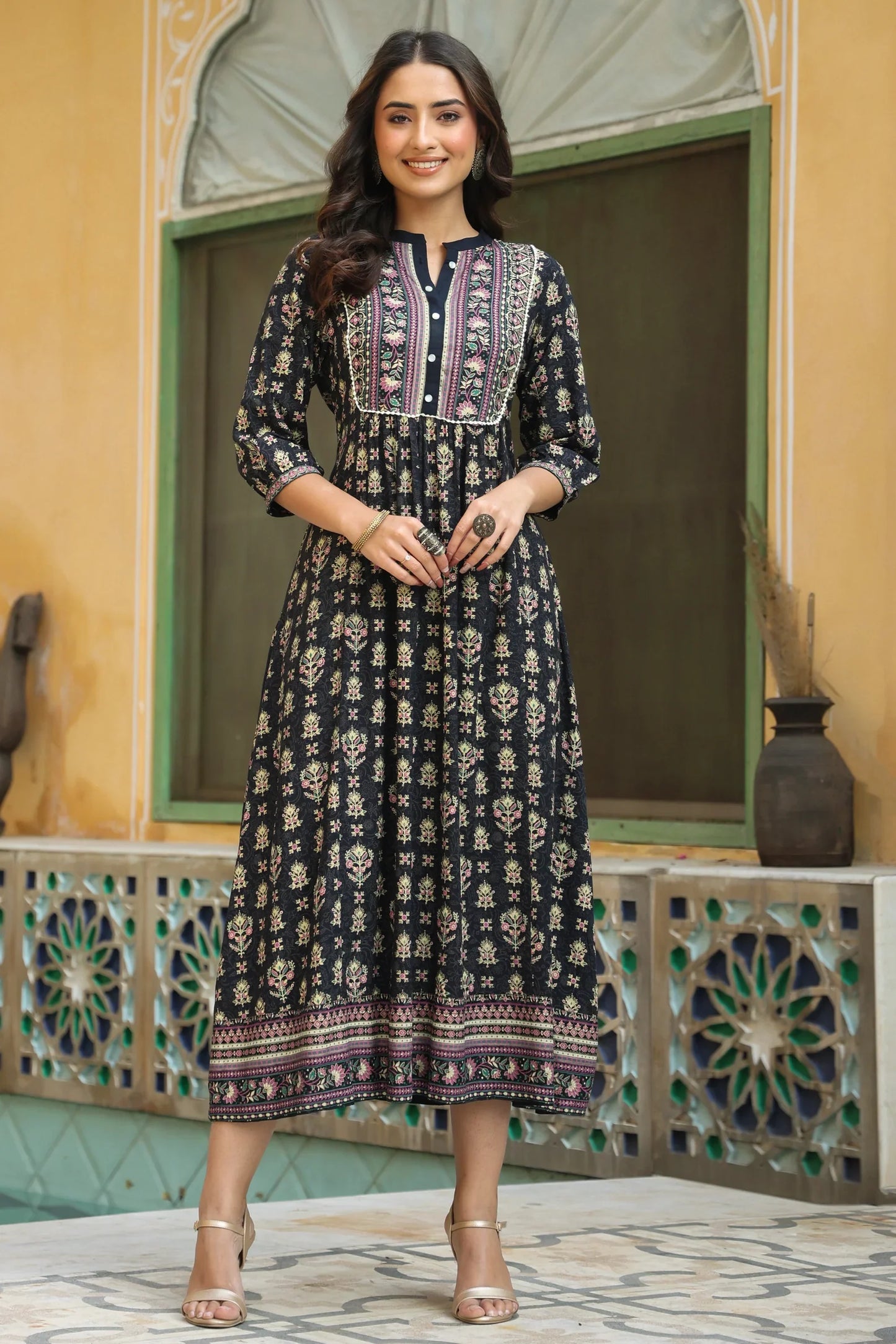 Women's Darkblue Rayon Printed A-line Dress