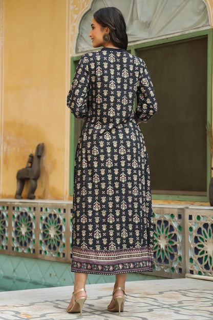Women's Darkblue Rayon Printed A-line Dress