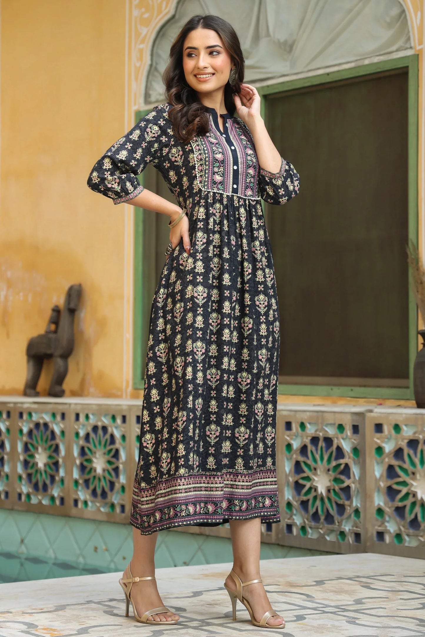 Women's Darkblue Rayon Printed A-line Dress