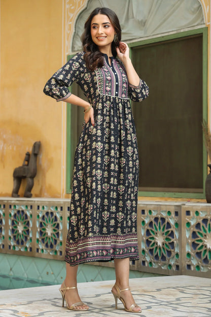 Women's Darkblue Rayon Printed A-line Dress