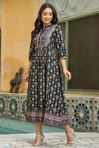 Women's Darkblue Rayon Printed A-line Dress