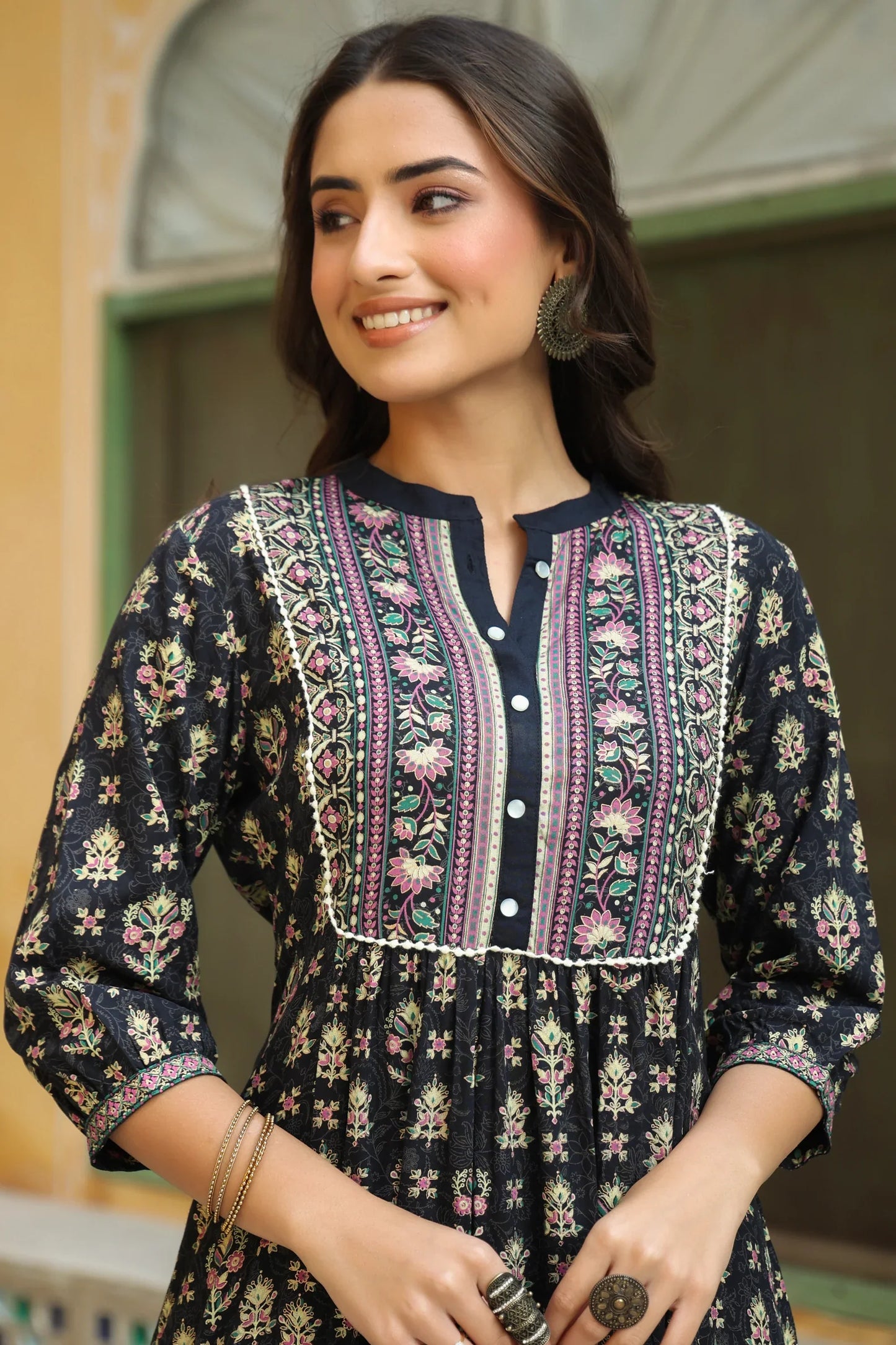 Women's Darkblue Rayon Printed A-line Dress
