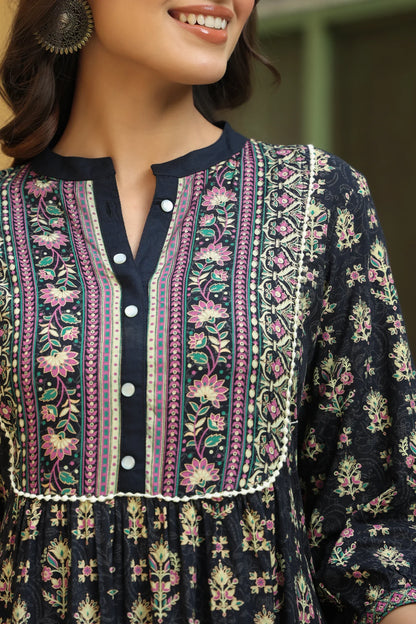 Women's Darkblue Rayon Printed A-line Dress