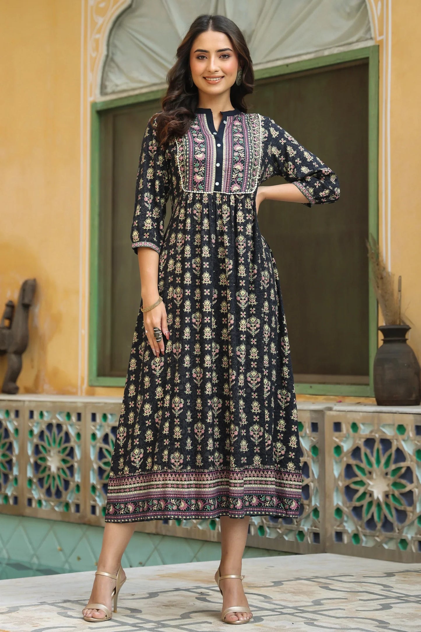 Women's Darkblue Rayon Printed A-line Dress