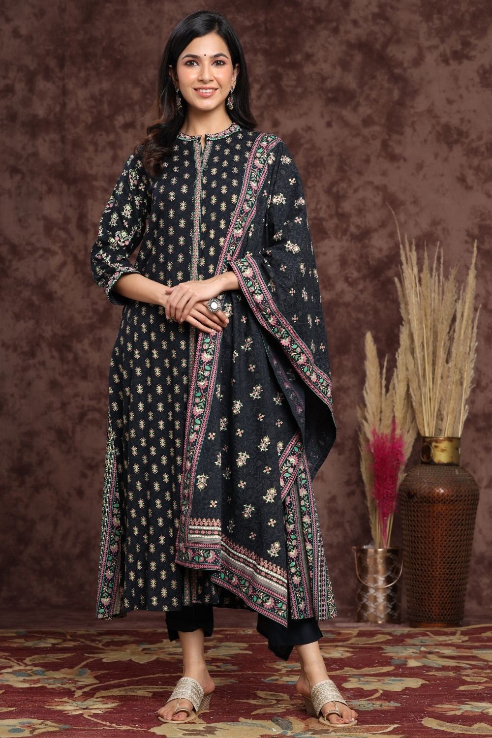 Women's Darkblue Rayon Printed A-Line Kurta Sets