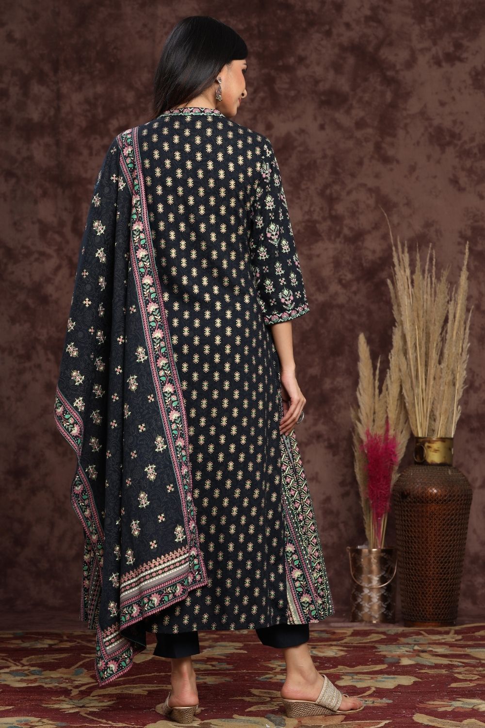 Women's Darkblue Rayon Printed A-Line Kurta Sets