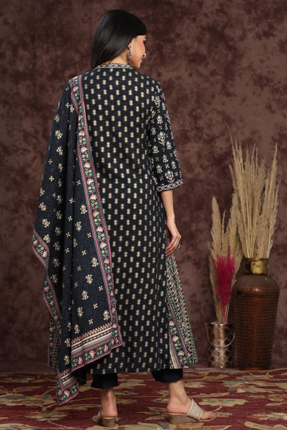 Women's Darkblue Rayon Printed A-Line Kurta Sets