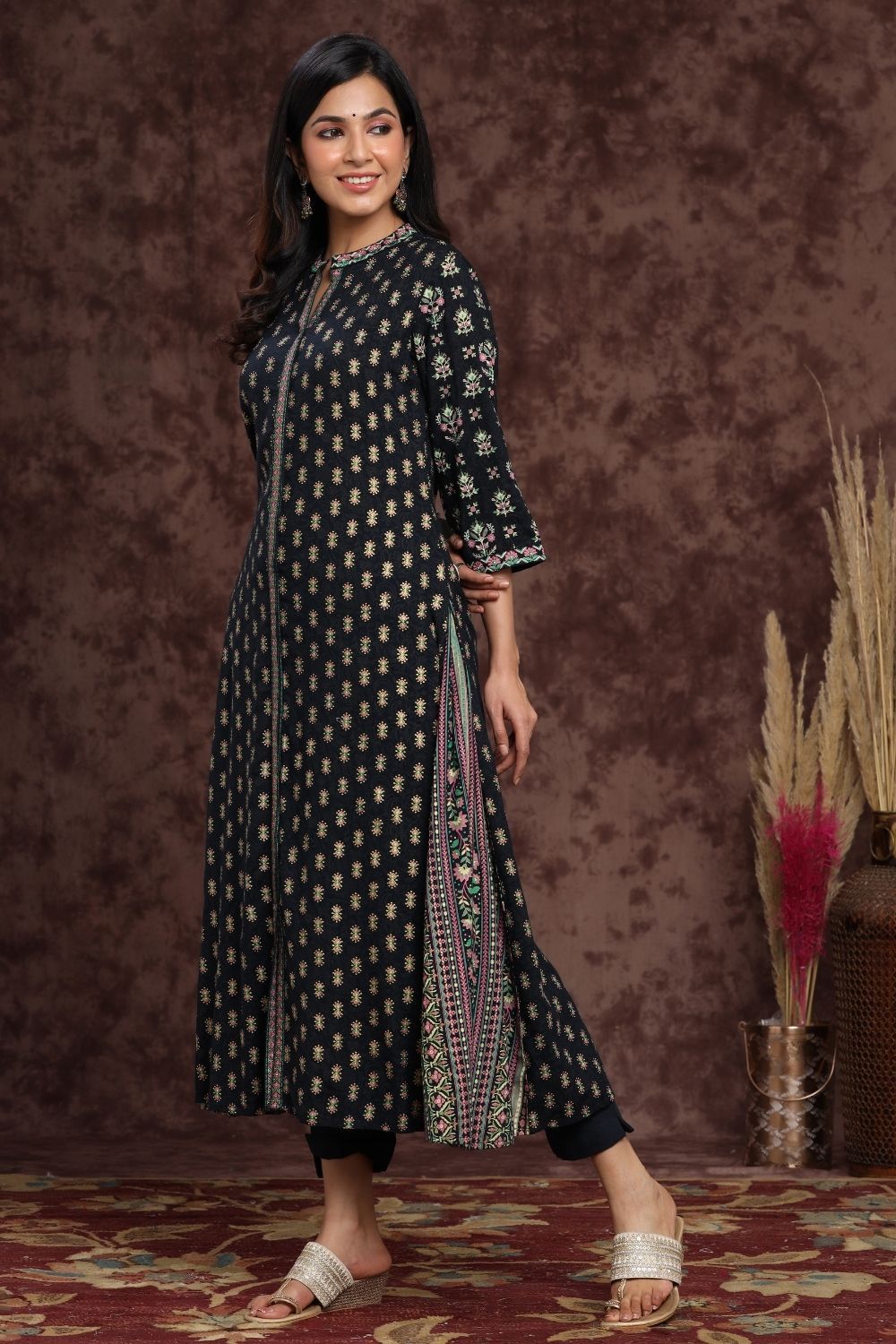 Women's Darkblue Rayon Printed A-Line Kurta Sets